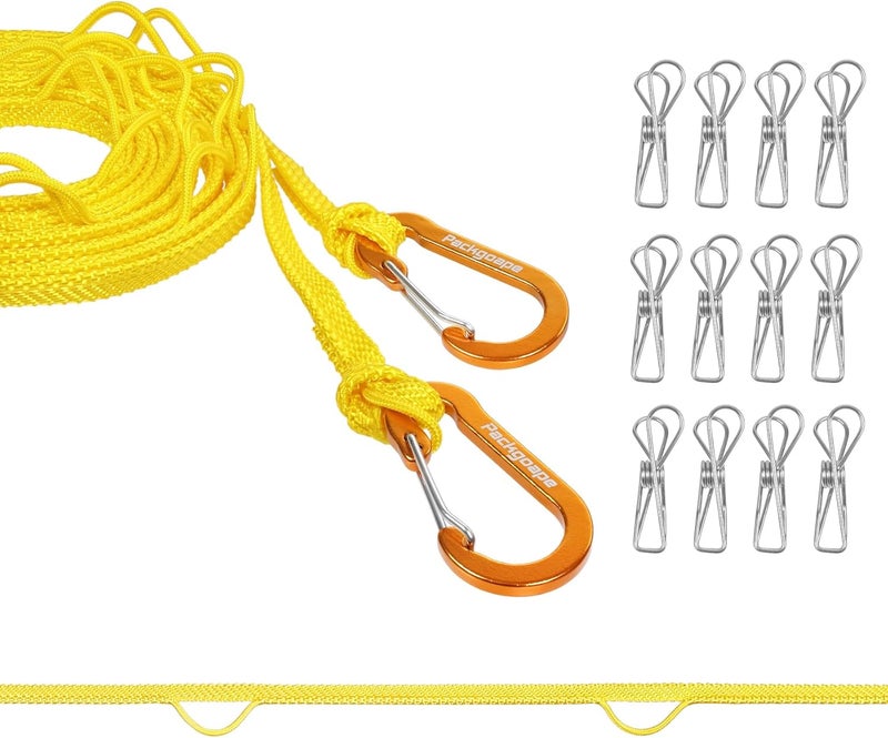 Packgoape Portable Travel Clothesline, Windproof Clothes Laundry Line with Clothespins & Hang Holes, Indoor & Outdoor Clothes Drying Rope for Hotel, Backyard,Cruise Ships, Camping (Yellow, 16 Ft) - Image 1